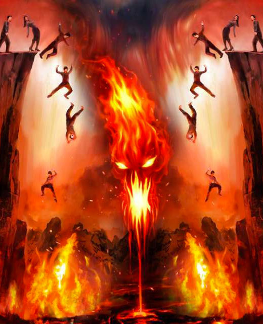 illustration of people walking off a cliff into a pit of fire in hell