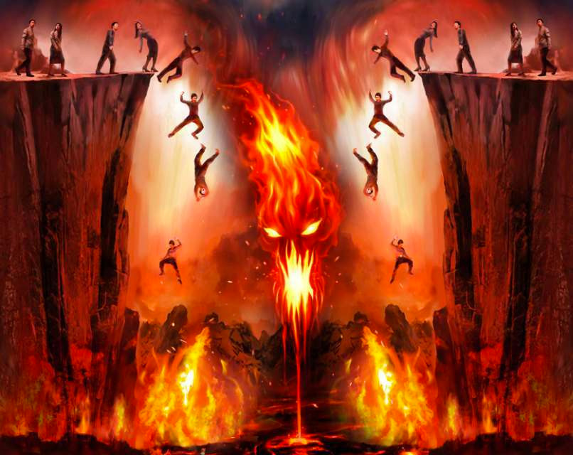 illustration of people walking off a cliff into a pit of fire in hell