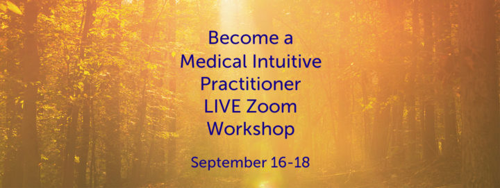 Become a Medical Intuitive Practitioner September 16-18 LIVE Zoom Workshop A scenic autumn view of sunlight shining through a forest canopy